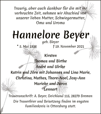 Traueranzeige von Hannelore Beyer von SYK