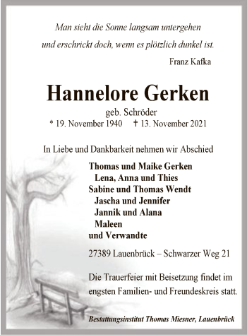 Traueranzeige von Hannelore Gerken von SYK