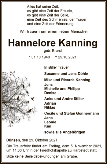 Traueranzeige von Hannelore Kanning von SYK