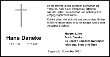 Traueranzeige von Hans Daneke von SYK