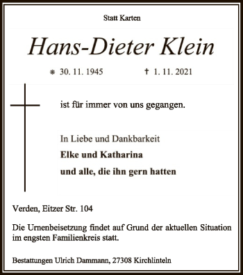 Traueranzeige von Hans-Dieter Klein von SYK