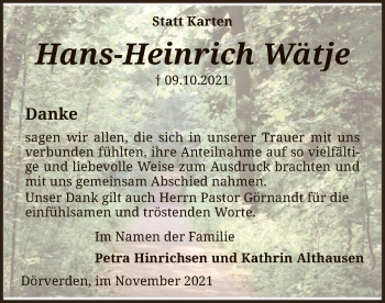 Traueranzeige von Hans-Heinrich Wätje von SYK