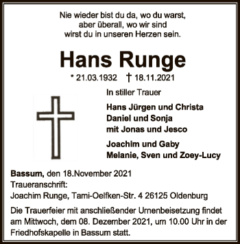 Traueranzeige von Hans Runge von SYK