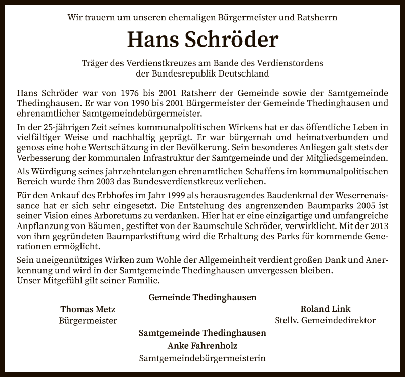  Traueranzeige für Hans Schröder vom 05.11.2021 aus SYK