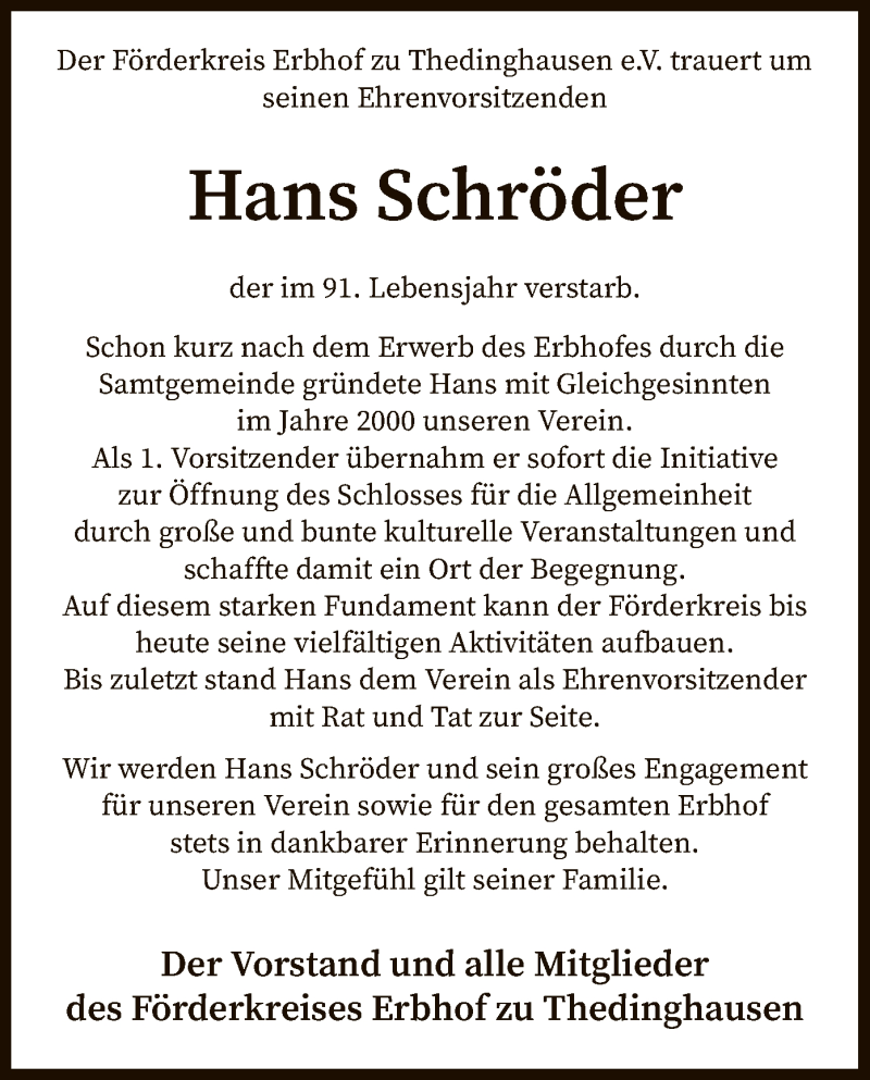  Traueranzeige für Hans Schröder vom 05.11.2021 aus SYK