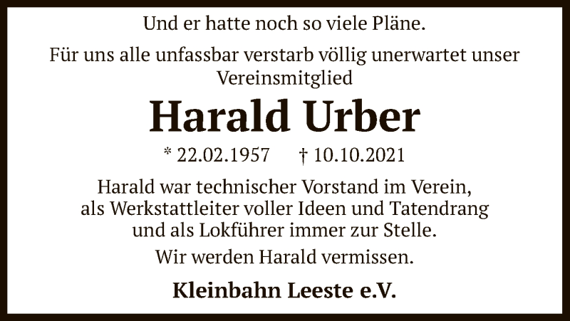  Traueranzeige für Harald Urber vom 02.11.2021 aus SYK