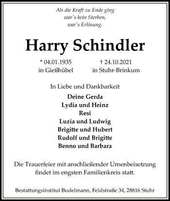 Traueranzeige von Harry Schindler von SYK