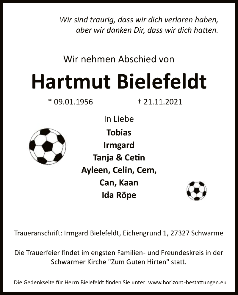  Traueranzeige für Hartmut Bielefeldt vom 25.11.2021 aus SYK