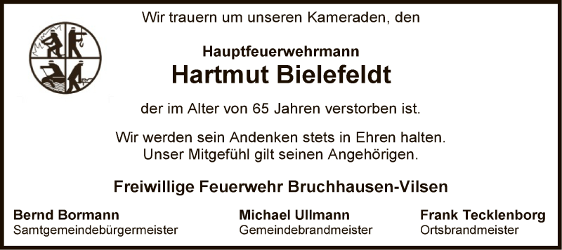  Traueranzeige für Hartmut Bielefeldt vom 26.11.2021 aus SYK