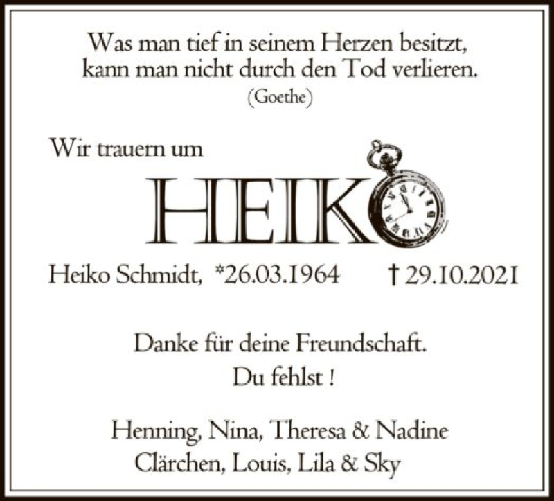  Traueranzeige für Heiko Schmidt vom 12.11.2021 aus SYK