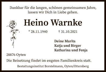 Traueranzeige von Heino Warnke von SYK