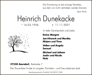 Traueranzeige von Heinrich Dunekacke von SYK