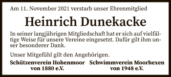 Traueranzeige von Heinrich Dunekacke von SYK