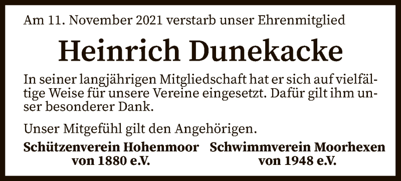  Traueranzeige für Heinrich Dunekacke vom 18.11.2021 aus SYK