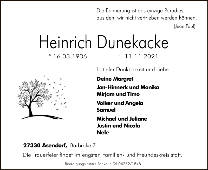  Traueranzeige für Heinrich Dunekacke vom 16.11.2021 aus SYK
