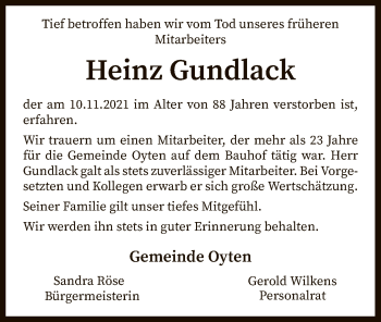 Traueranzeige von Heinz Gundlack von SYK