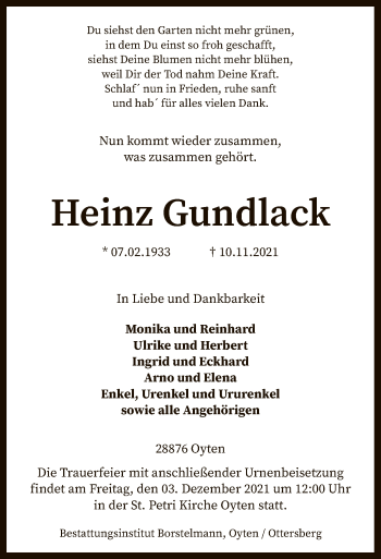 Traueranzeige von Heinz Gundlack von SYK