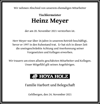 Traueranzeige von Heinz Meyer von SYK