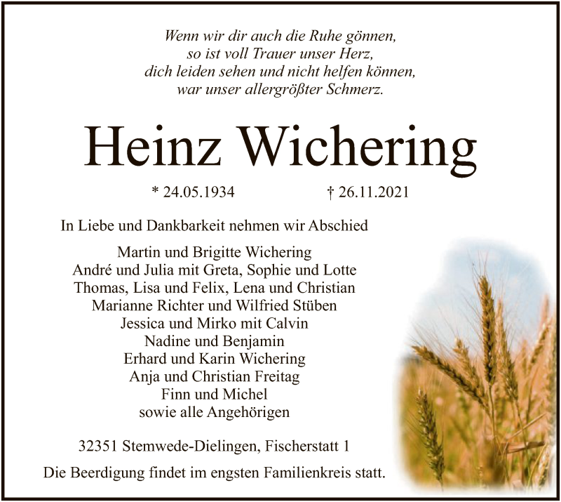  Traueranzeige für Heinz Wichering vom 30.11.2021 aus SYK
