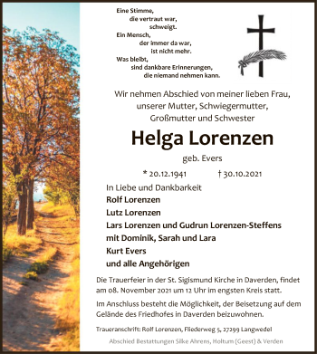 Traueranzeige von Helga Lorenzen von SYK