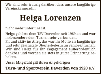 Traueranzeige von Helga Lorenzen von SYK