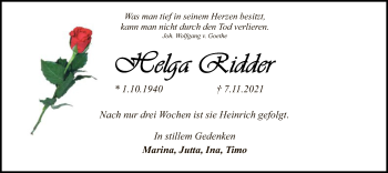 Traueranzeige von Helga Ridder von SYK