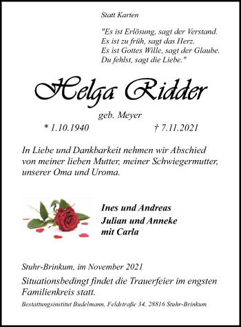 Traueranzeige von Helga Ridder von SYK