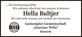 Traueranzeige von Hella Bultjer von SYK