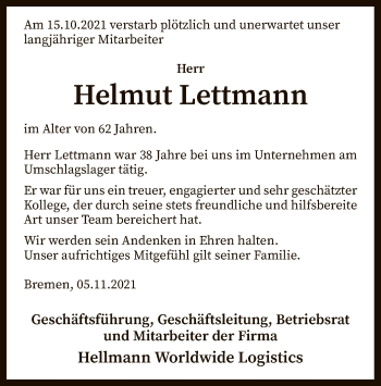 Traueranzeige von Helmut Lettmann von SYK