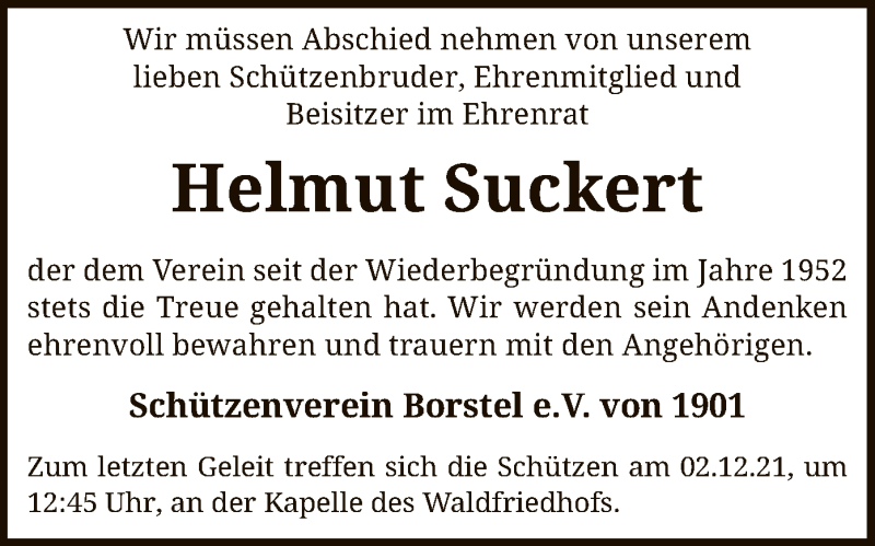  Traueranzeige für Helmut Suckert vom 24.11.2021 aus SYK