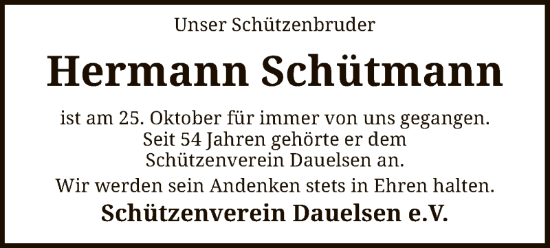  Traueranzeige für Hermann Schütmann vom 06.11.2021 aus SYK