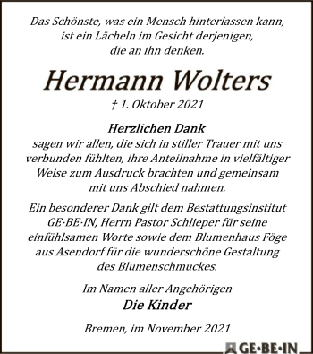 Traueranzeige von Hermann Wolters von SYK