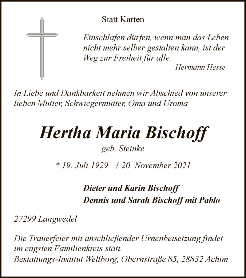  Traueranzeige für Hertha Maria Bischoff vom 27.11.2021 aus SYK