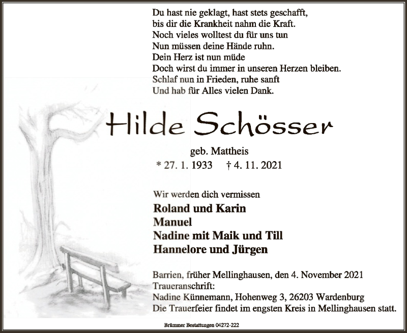 Traueranzeige für Hilde Schösser vom 06.11.2021 aus SYK