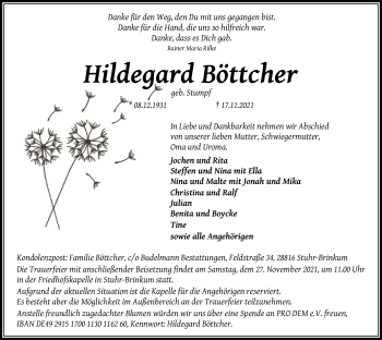 Traueranzeige von Hildegard Böttcher von SYK