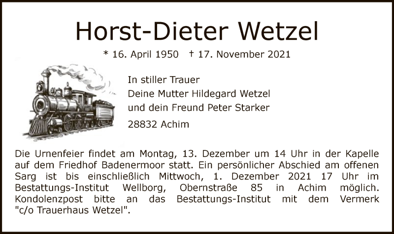  Traueranzeige für Horst-Dieter Wetzel vom 27.11.2021 aus SYK