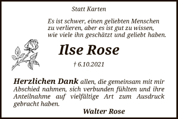 Traueranzeige von Ilse Rose von SYK