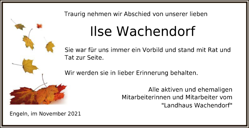 Traueranzeige für Ilse Wachendorf vom 25.11.2021 aus SYK