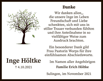 Traueranzeige von Inge Höltke von SYK