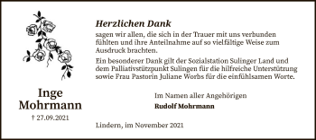 Traueranzeige von Inge Mohrmann von SYK