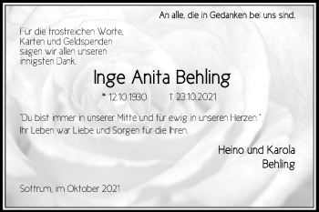 Traueranzeige von Inge Anita Behling von SYK