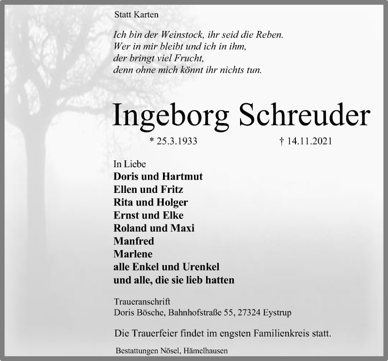  Traueranzeige für Ingeborg Schreuder vom 19.11.2021 aus SYK