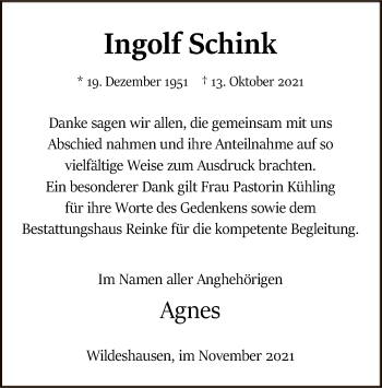 Traueranzeige von Ingolf Schink von SYK