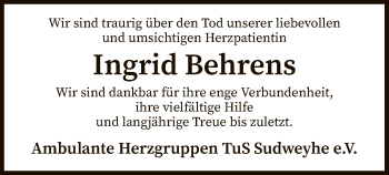 Traueranzeige von Ingrid Behrens von SYK