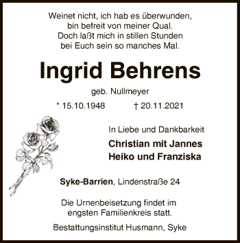 Traueranzeige von Ingrid Behrens von SYK