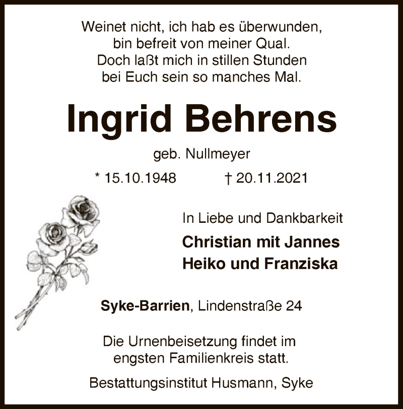  Traueranzeige für Ingrid Behrens vom 27.11.2021 aus SYK