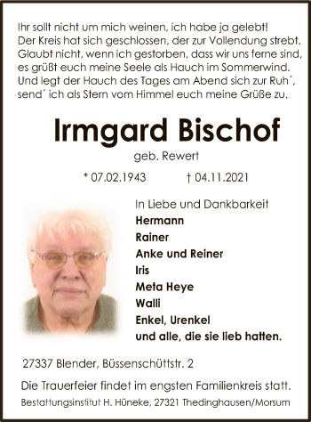 Traueranzeige von Irmgard Bischof von SYK