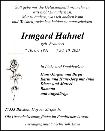 Traueranzeige von Irmgard Hahnel von SYK