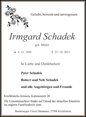 Traueranzeige von Irmgard Schadek von SYK