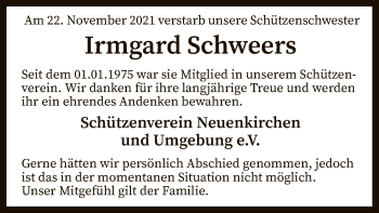 Traueranzeige von Irmgard Schweers von SYK